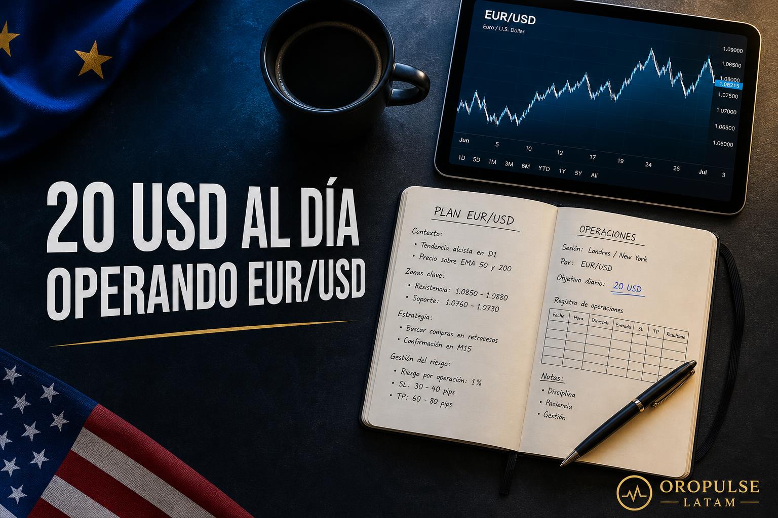 ¿Cómo intentar generar 20 USD al día operando EUR/USD?